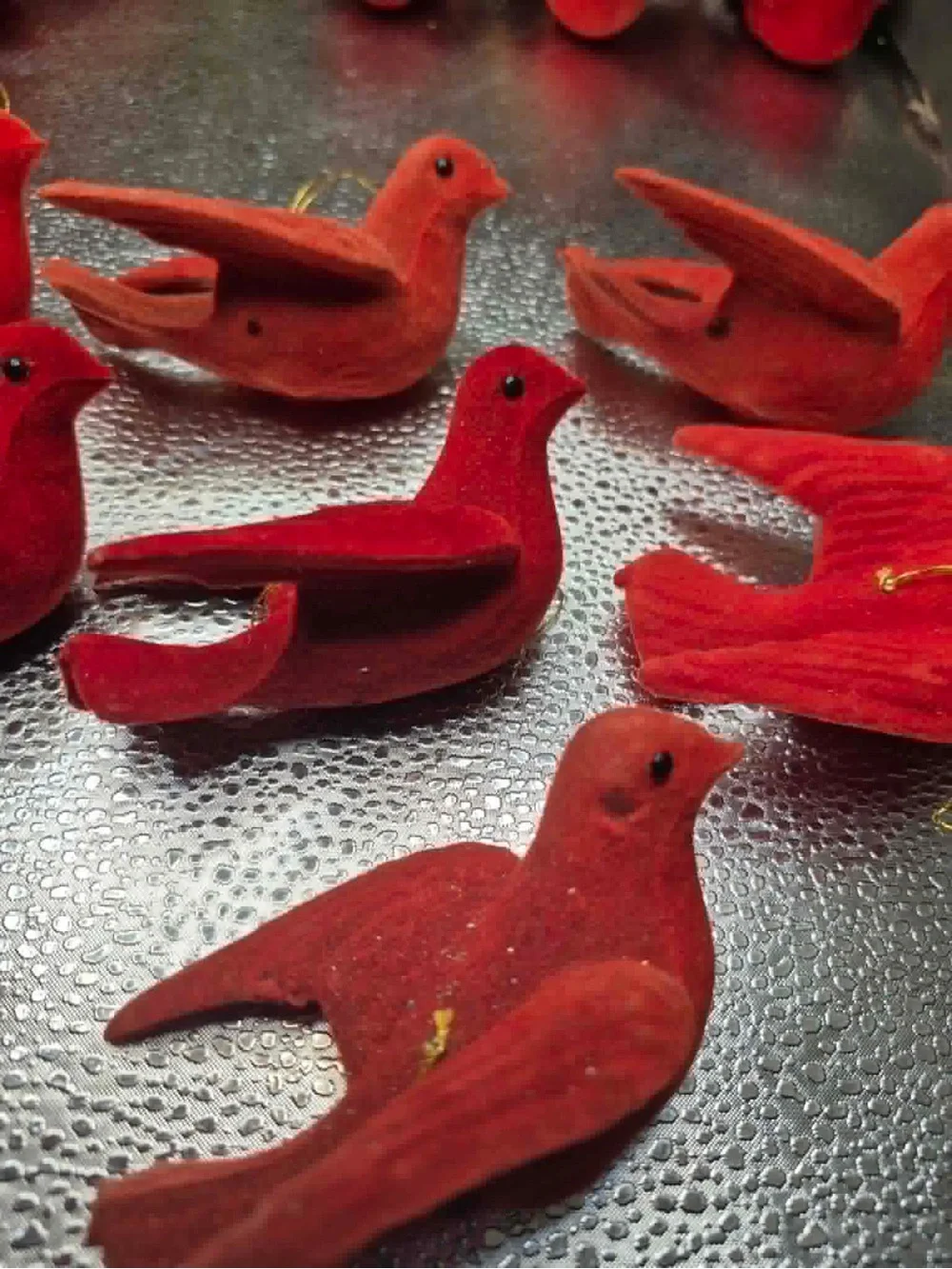 MCM Vintage Christmas Tree Ornaments Set 11 Flocked Red Felt Doves / Cardinals